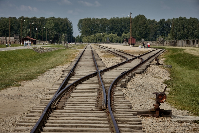 Railway tracks leading into Birkenau at Auschwitz II