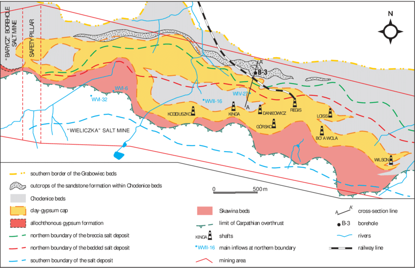 Salt deposits and geological layers beneath southern Poland